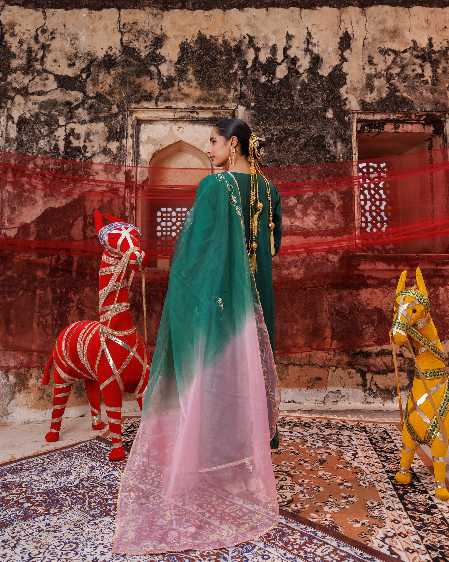 Dark Green Chanderi Kurta Set With Dual-Shaded Dupatta