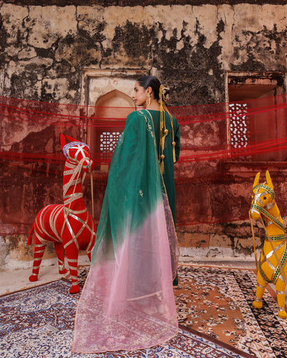 Dark Green Chanderi Kurta Set With Dual-Shaded Dupatta