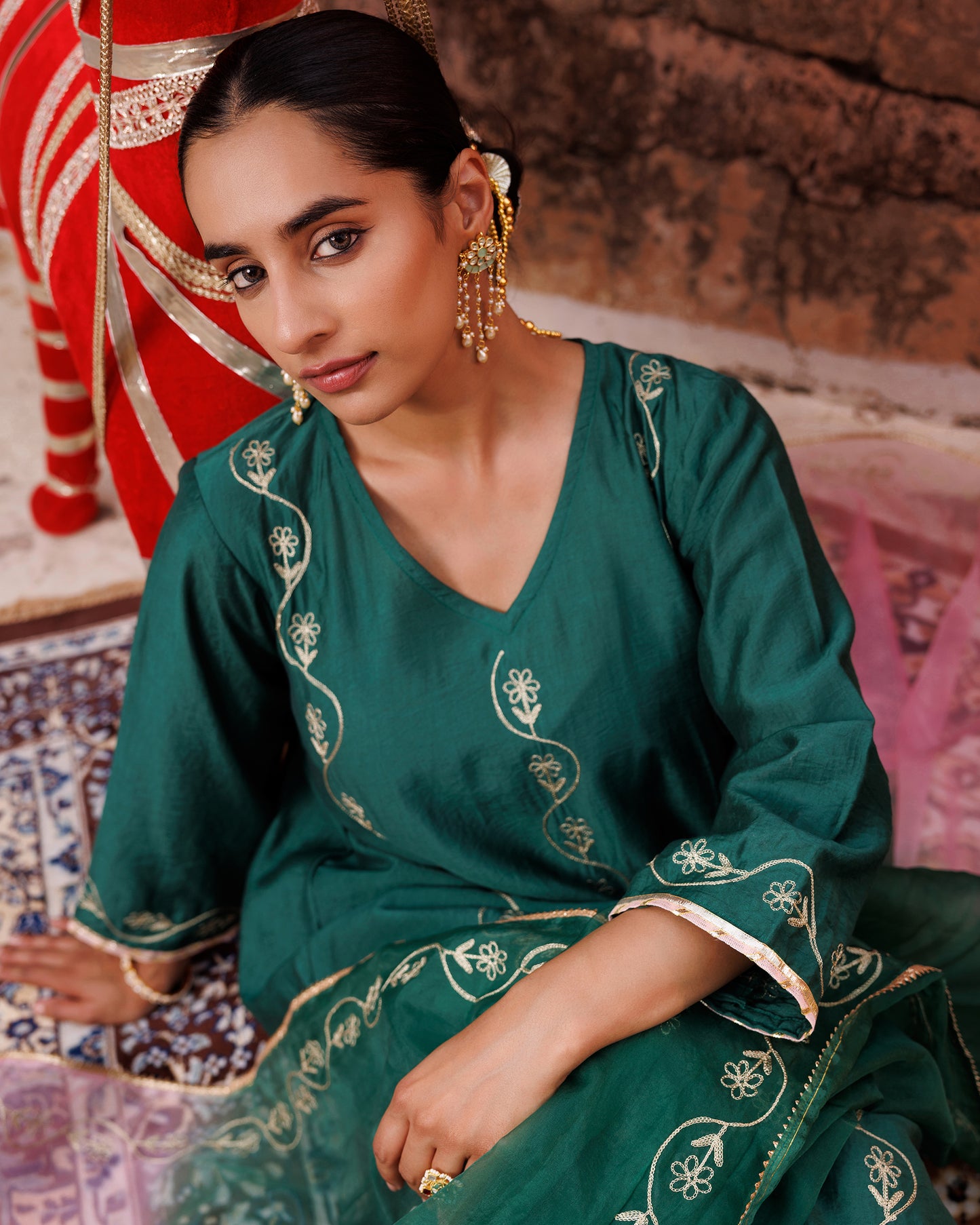Dark Green Chanderi Kurta Set With Dual-Shaded Dupatta