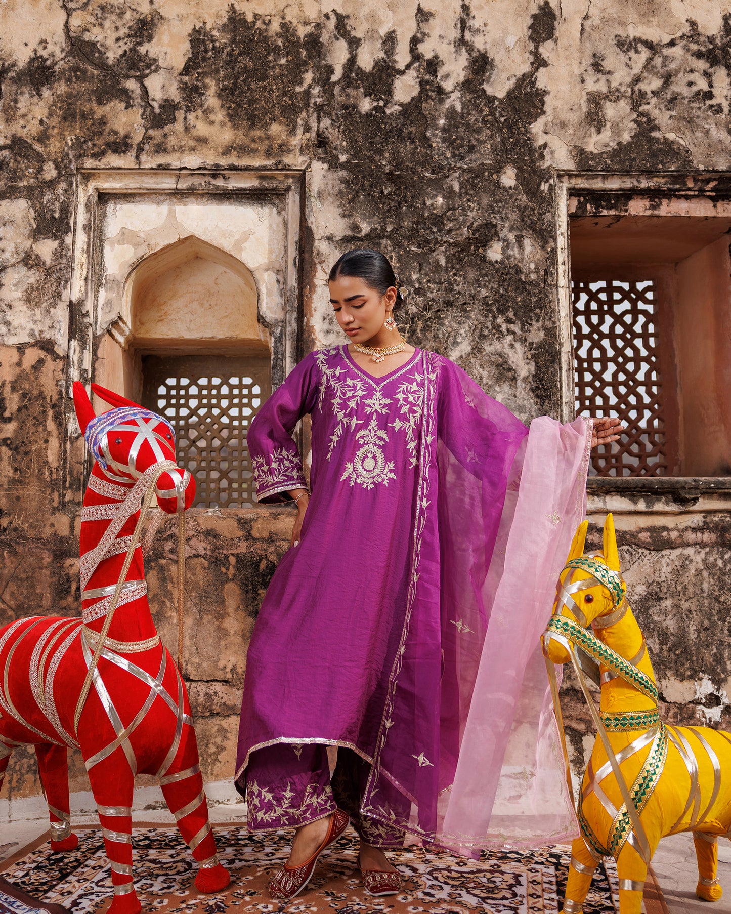 Purple Chanderi kurta set With Dual-Shaded Dupatta