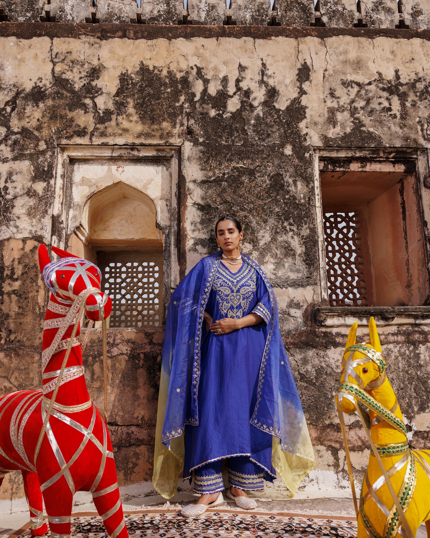 Blue Chanderi kurta set With Dual-Shaded Dupatta