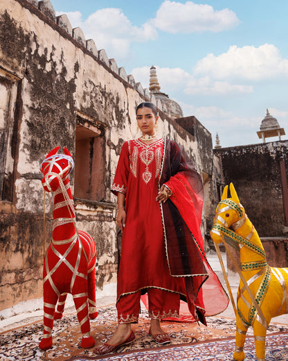 Red Chanderi Kurta Set With Dual-Shaded Dupatta