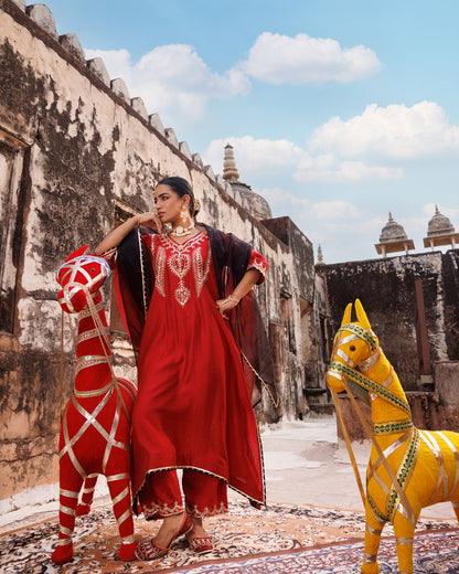 Red Chanderi Kurta Set With Dual-Shaded Dupatta
