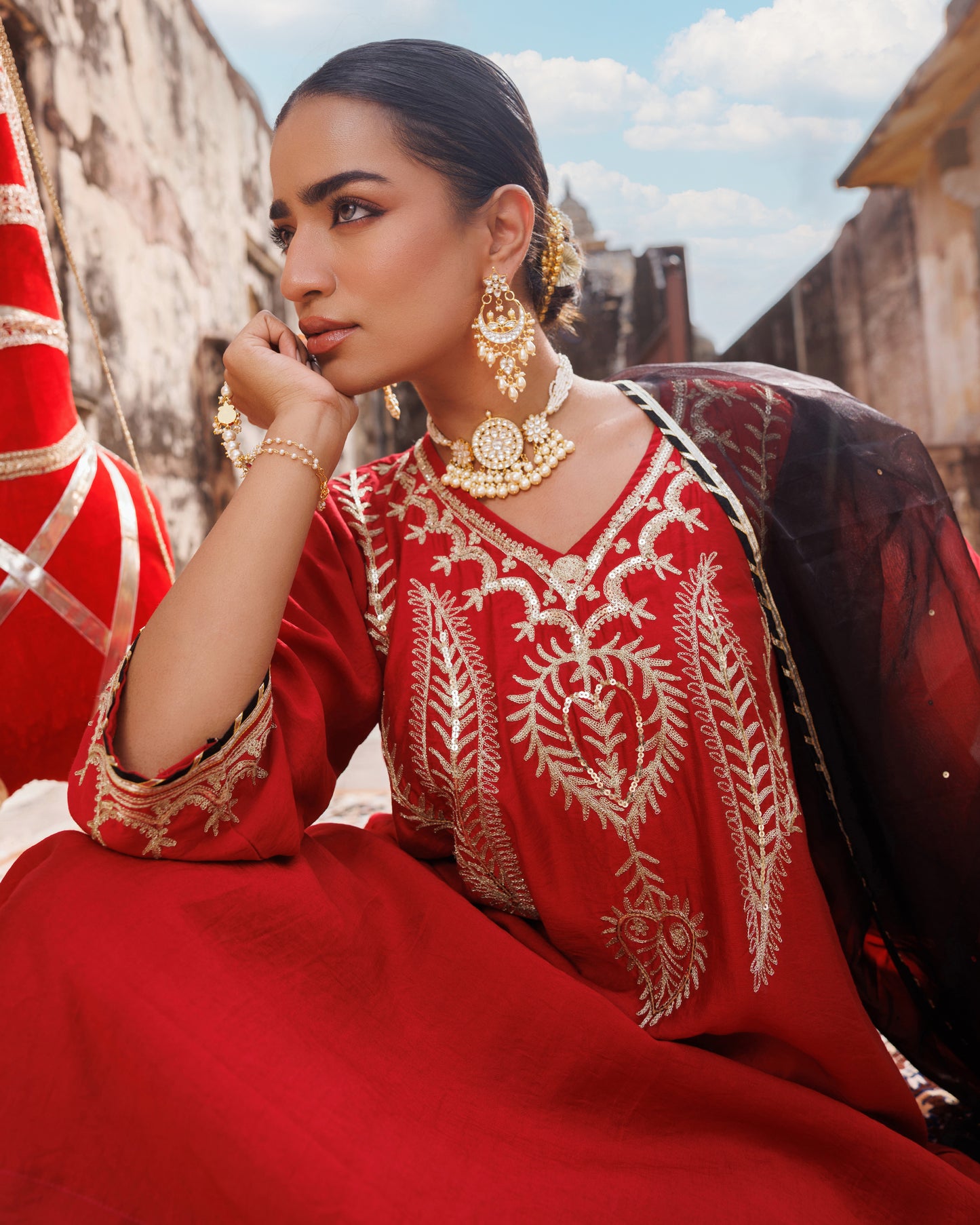 Red Chanderi Kurta Set With Dual-Shaded Dupatta