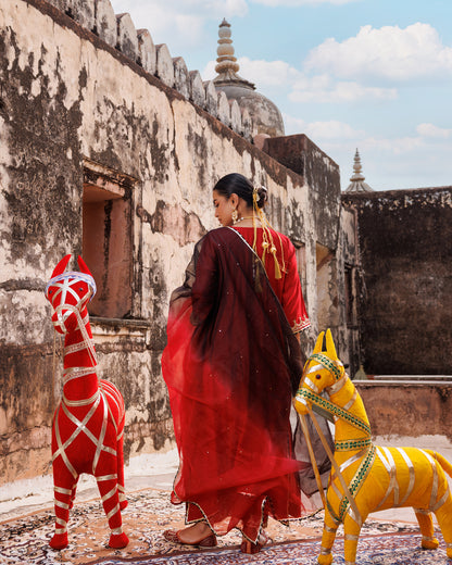Red Chanderi Kurta Set With Dual-Shaded Dupatta