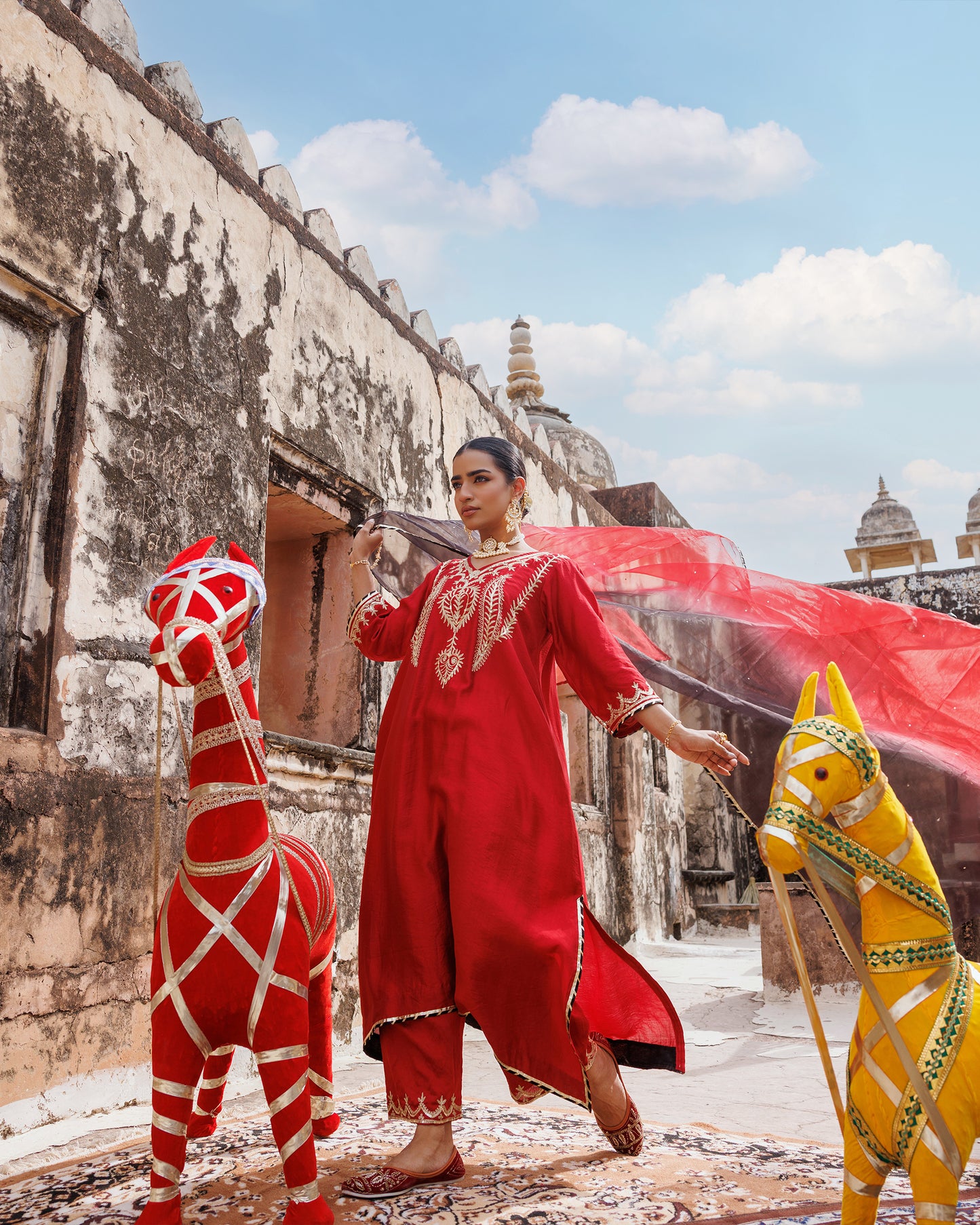 Red Chanderi Kurta Set With Dual-Shaded Dupatta
