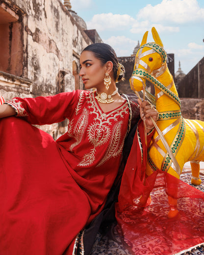 Red Chanderi Kurta Set With Dual-Shaded Dupatta