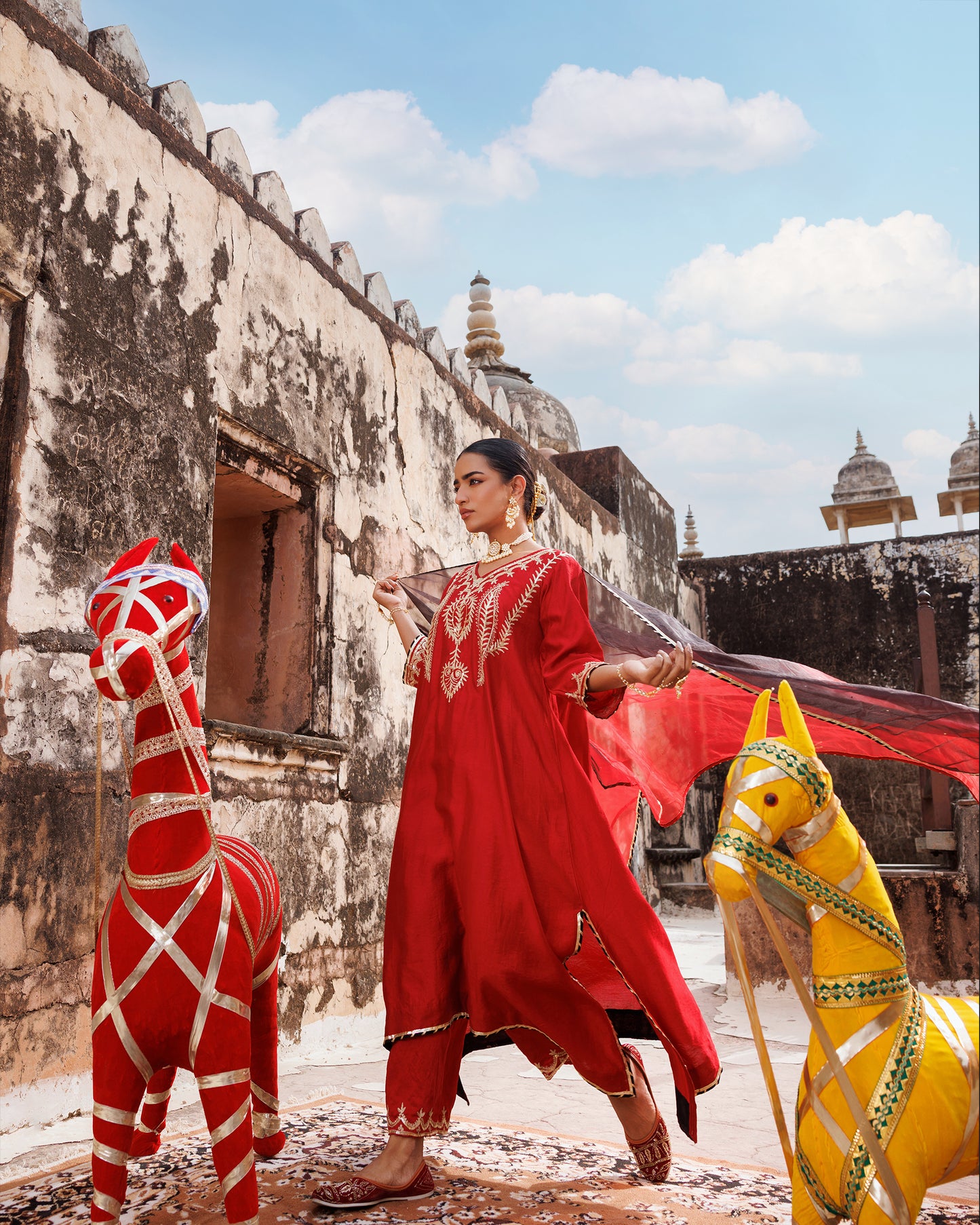Red Chanderi Kurta Set With Dual-Shaded Dupatta