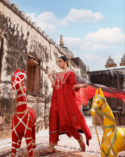 Red Chanderi Kurta Set With Dual-Shaded Dupatta