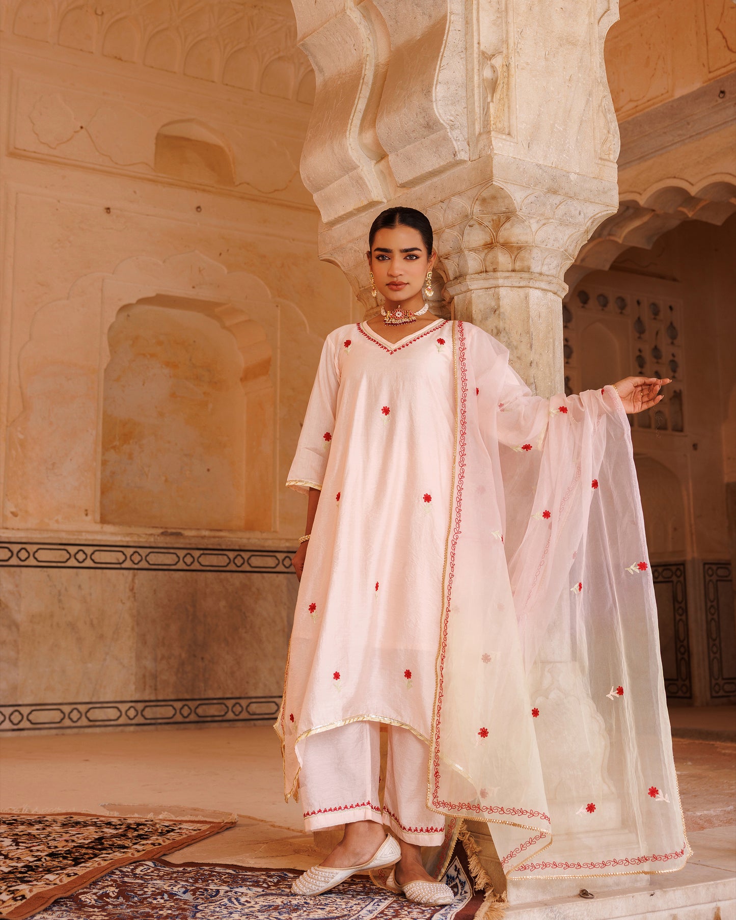 Peach Chanderi Kurta Set With Dual-Shaded Dupatta