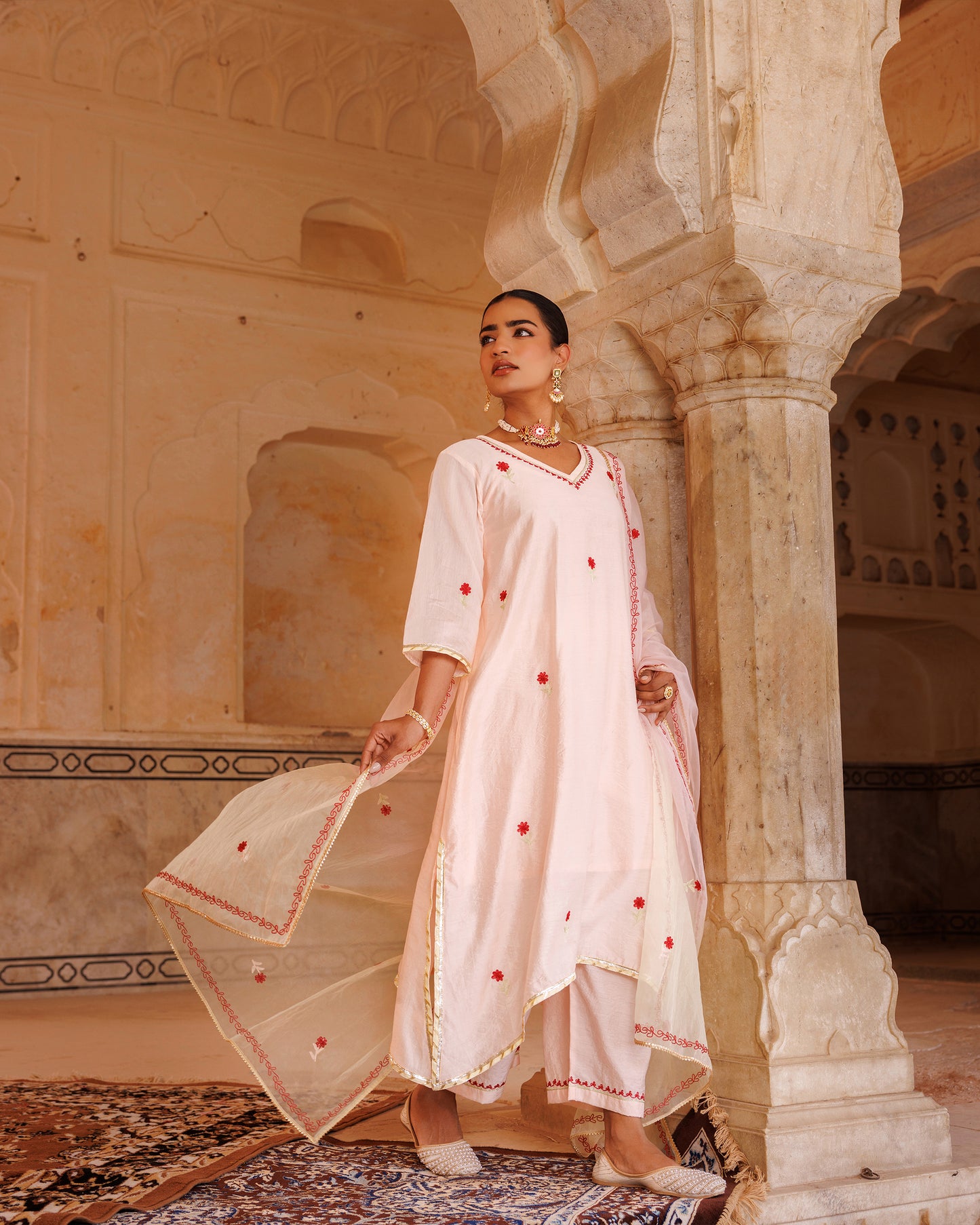 Peach Chanderi Kurta Set With Dual-Shaded Dupatta