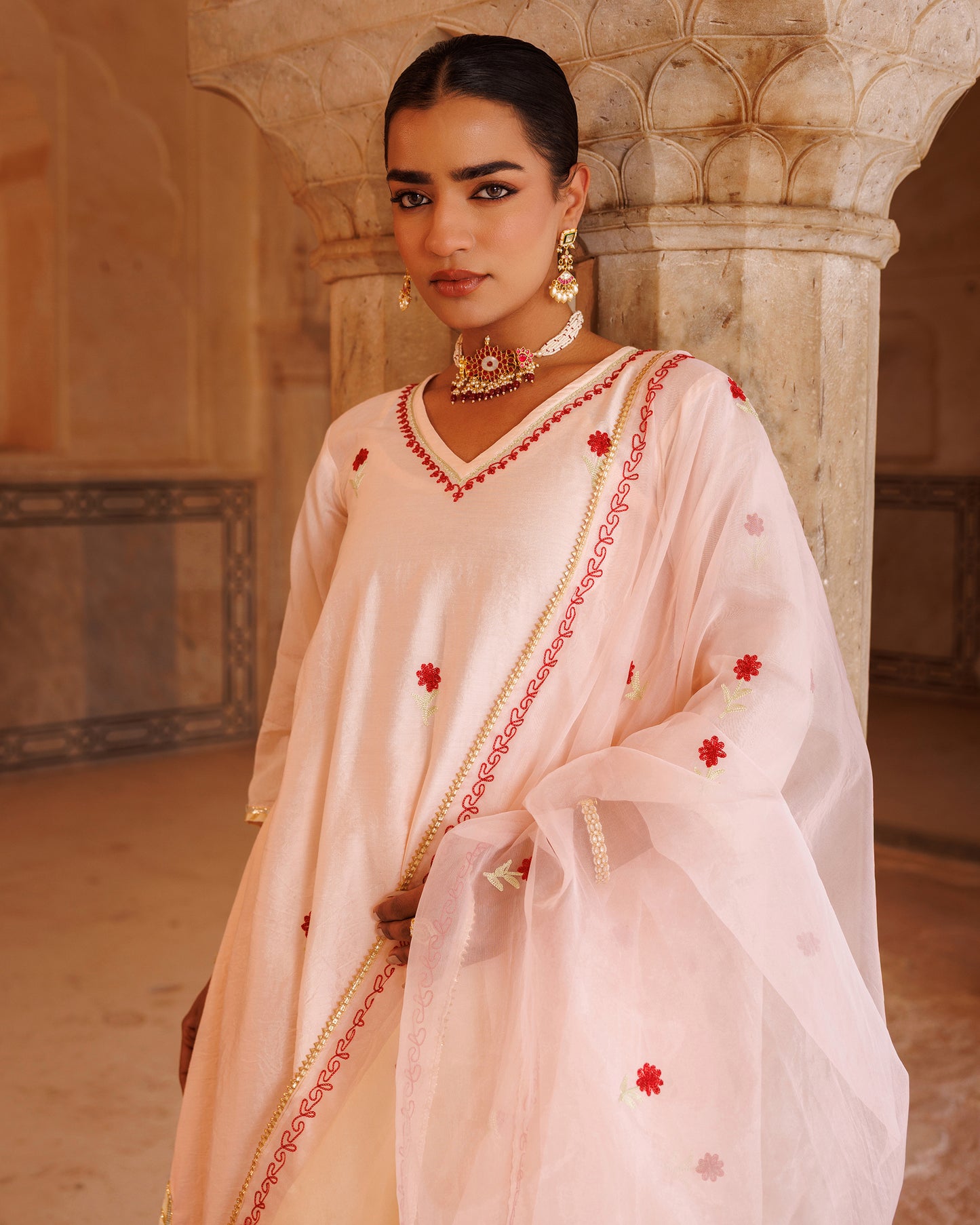 Peach Chanderi Kurta Set With Dual-Shaded Dupatta