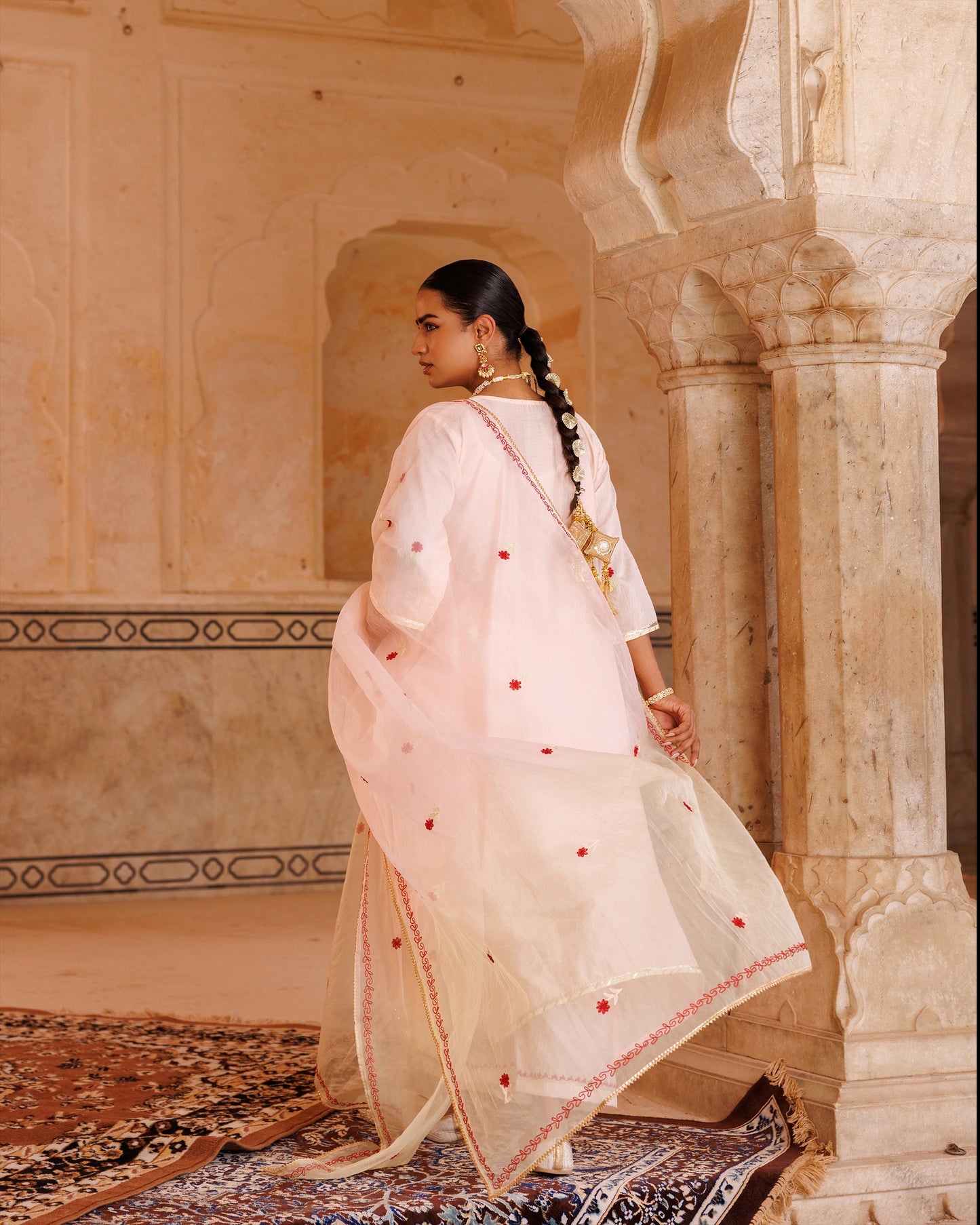 Peach Chanderi Kurta Set With Dual-Shaded Dupatta