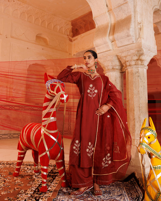 Maroon Chanderi Kurta Set With Embroidered Dupatta.