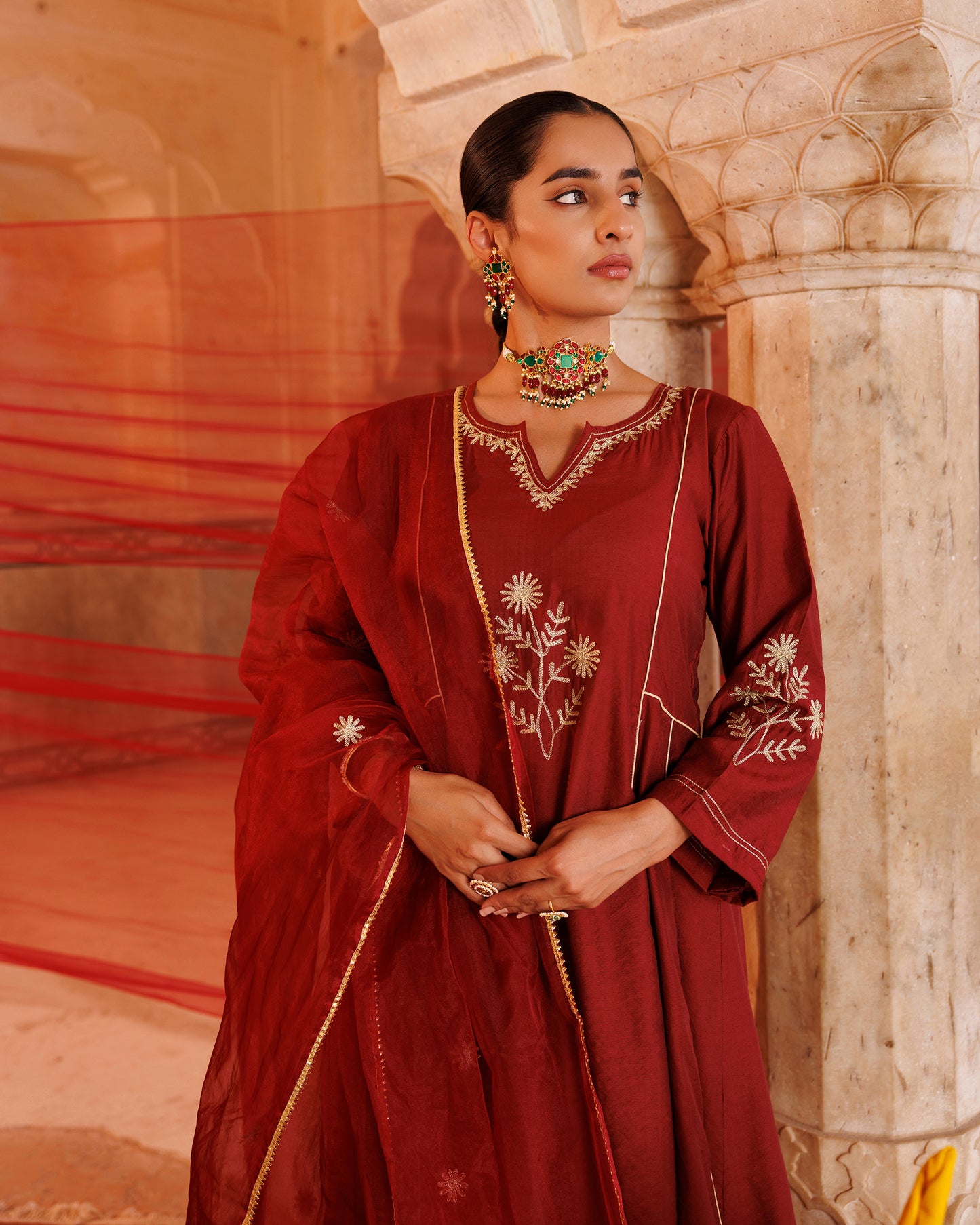 Maroon Chanderi Kurta Set With Embroidered Dupatta.
