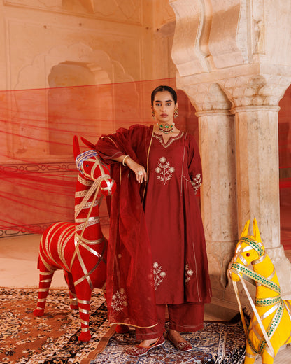 Maroon Chanderi Kurta Set With Embroidered Dupatta.