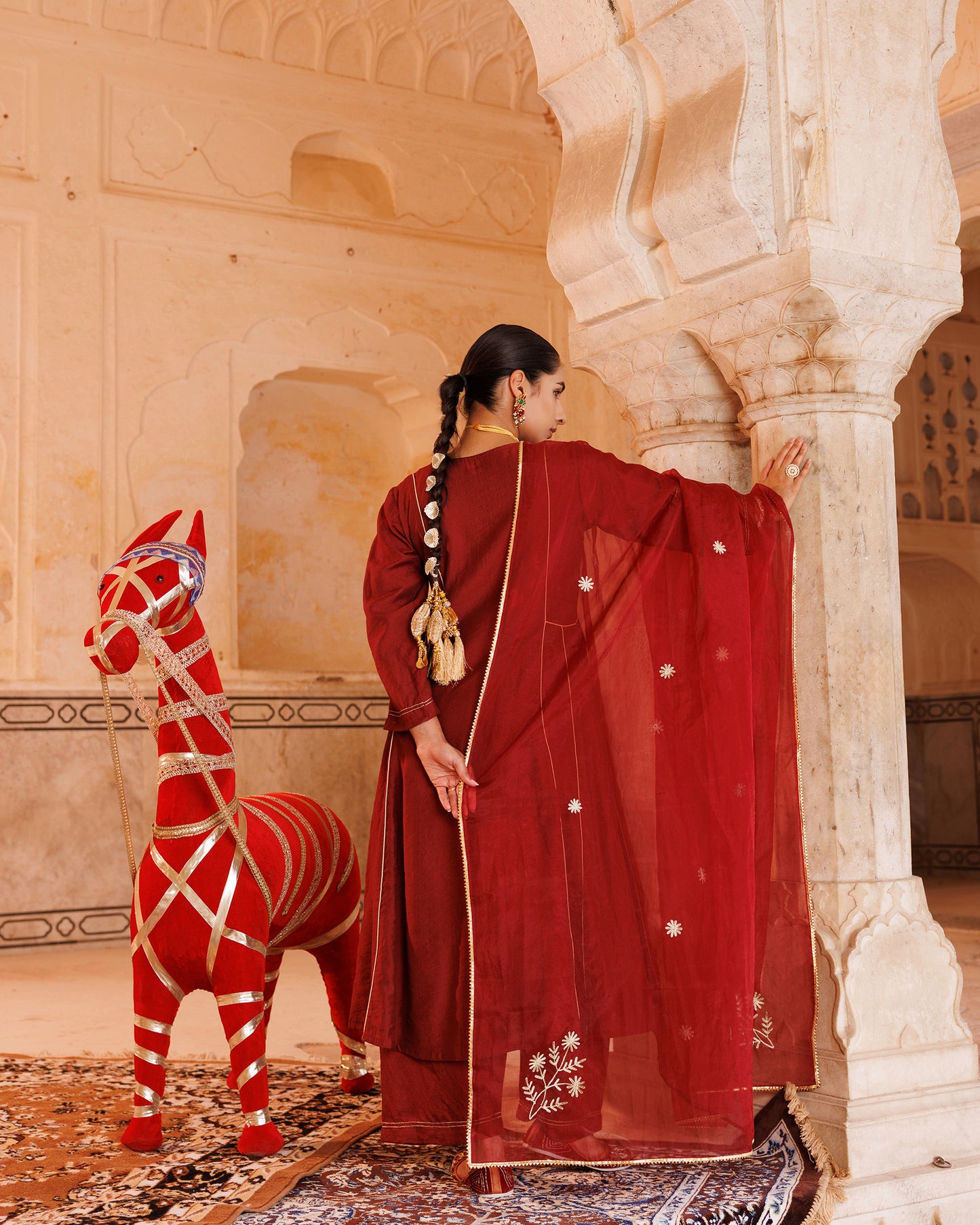 Maroon Chanderi Kurta Set With Embroidered Dupatta.