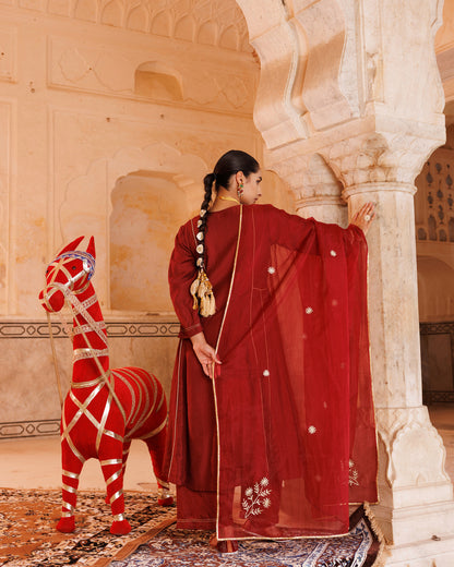 Maroon Chanderi Kurta Set With Embroidered Dupatta.