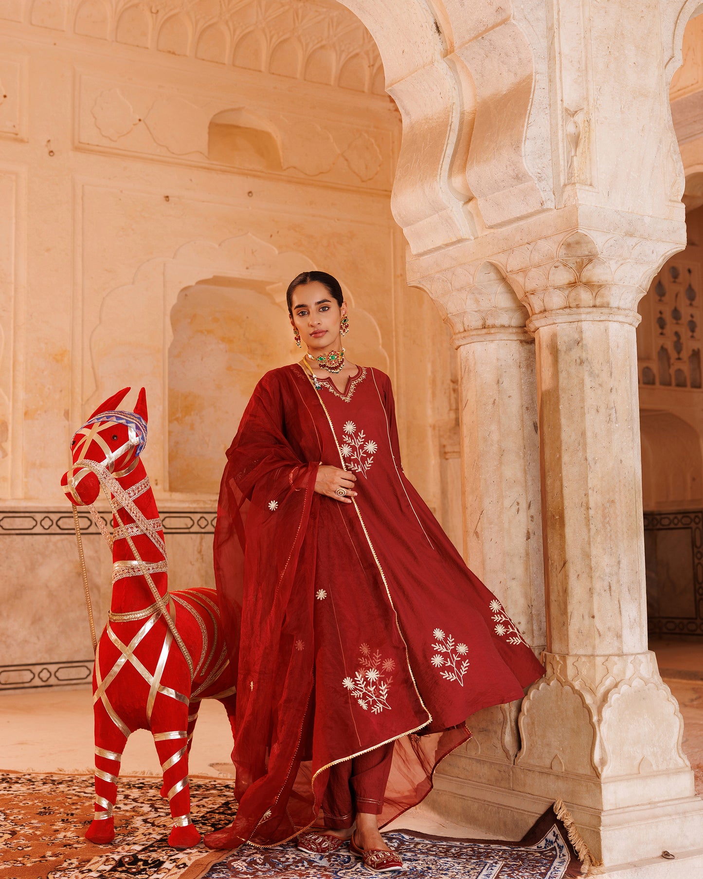 Maroon Chanderi Kurta Set With Embroidered Dupatta.