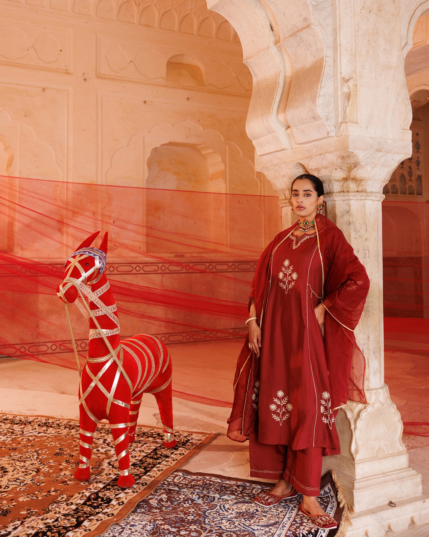 Maroon Chanderi Kurta Set With Embroidered Dupatta.