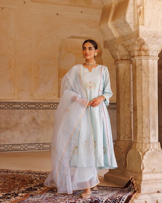 Pastel Blue Chanderi Kurta Set With Embroidered Dupatta