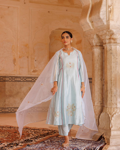 Pastel Blue Chanderi Kurta Set With Embroidered Dupatta