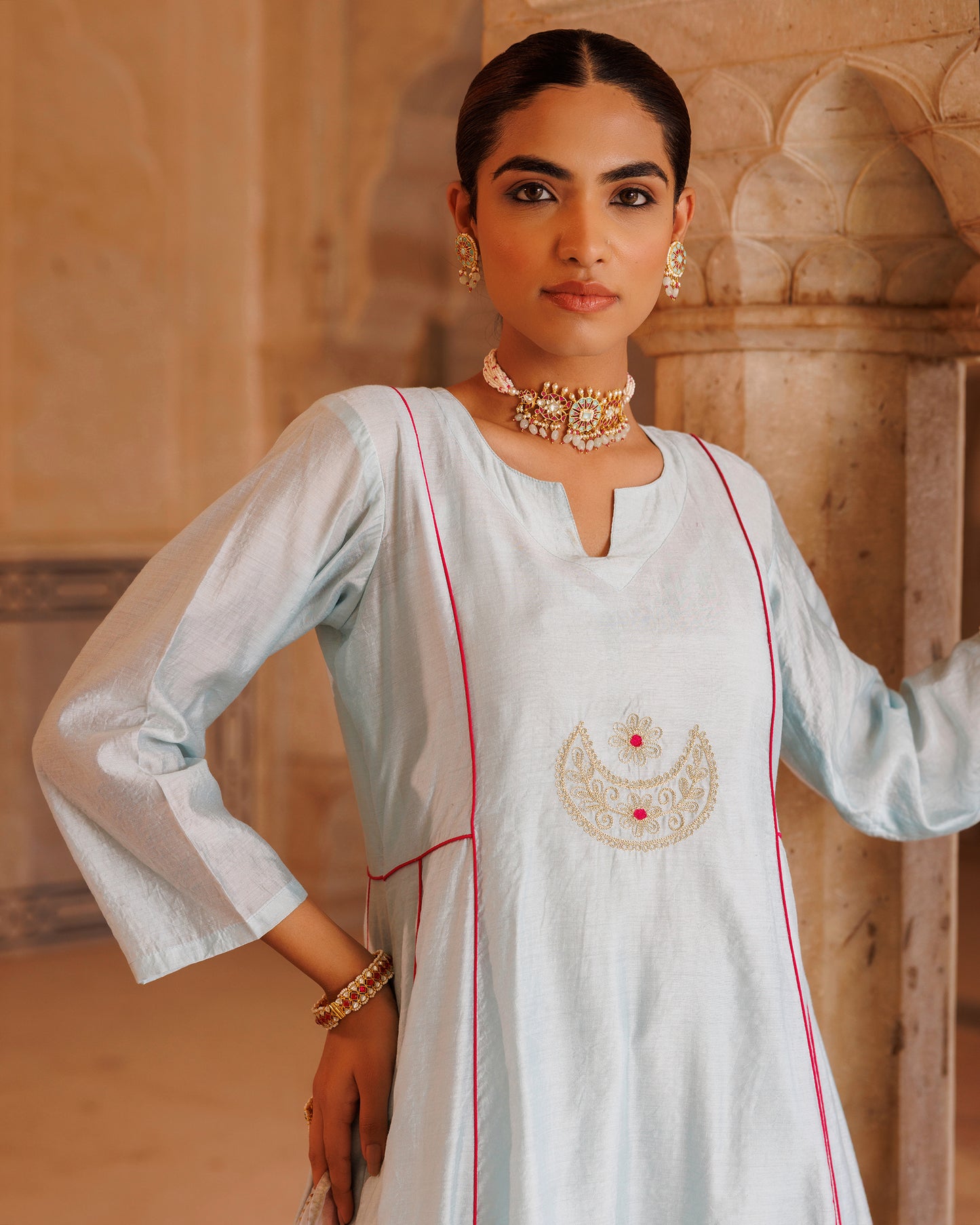 Pastel Blue Chanderi Kurta Set With Embroidered Dupatta