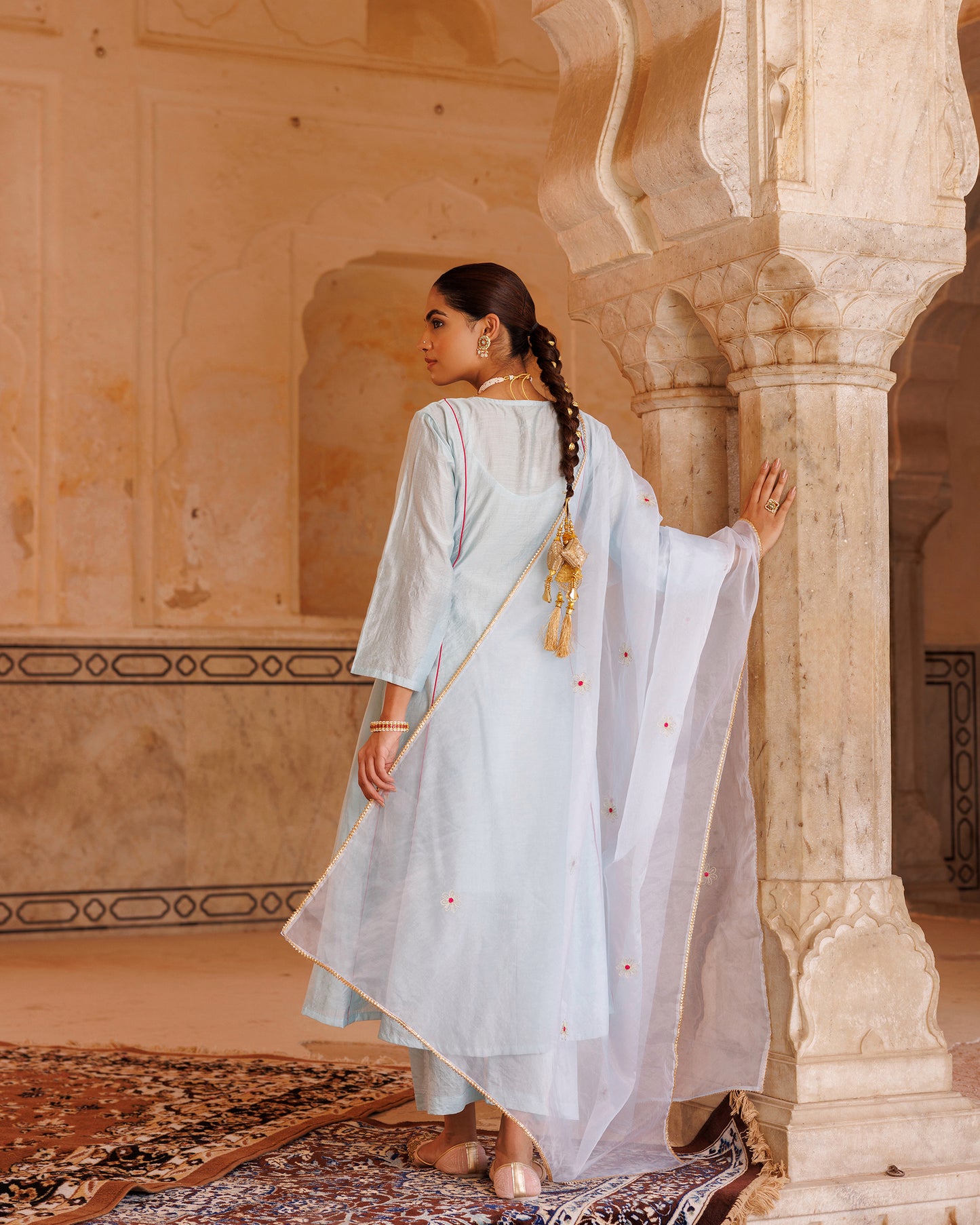 Pastel Blue Chanderi Kurta Set With Embroidered Dupatta