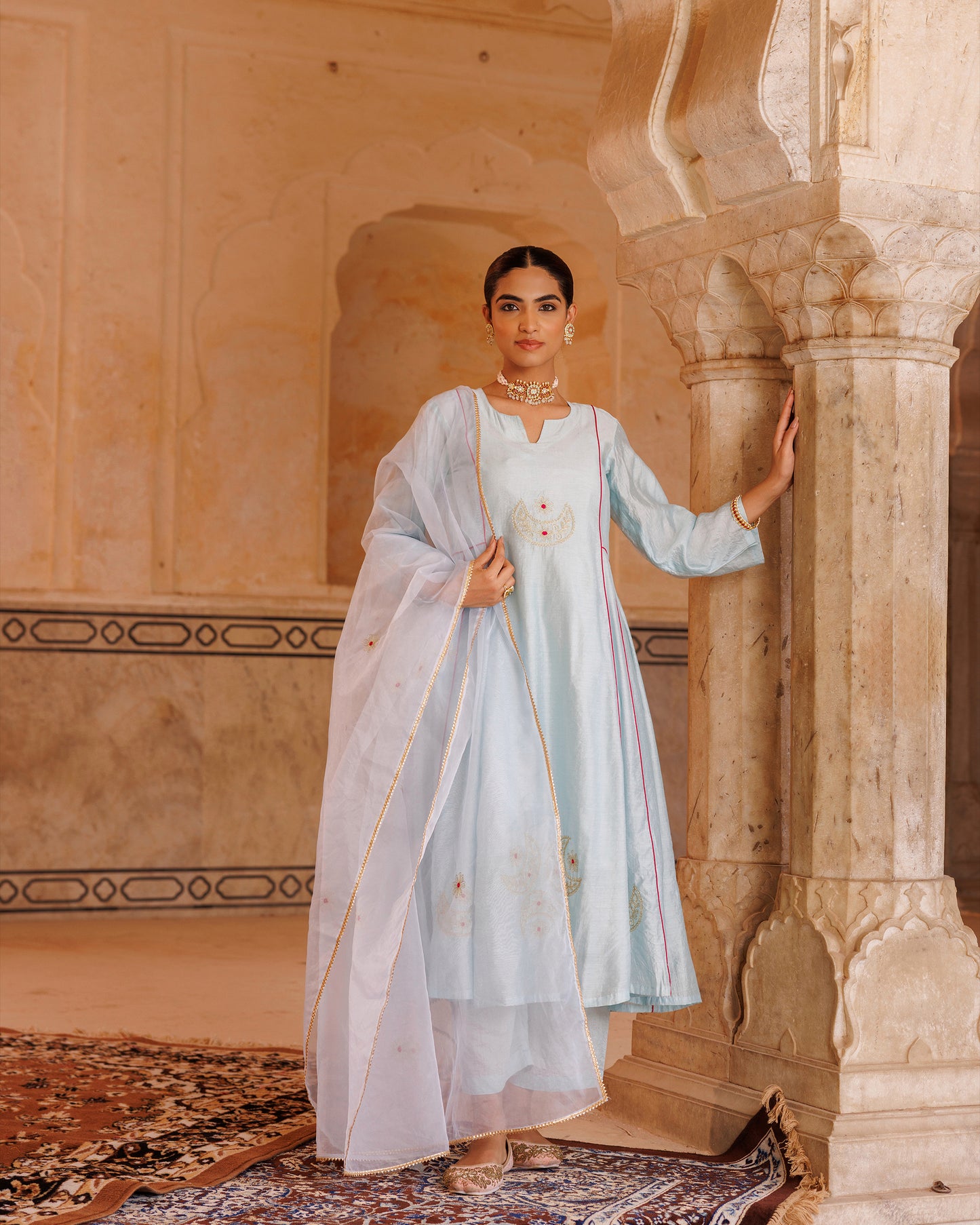 Pastel Blue Chanderi Kurta Set With Embroidered Dupatta