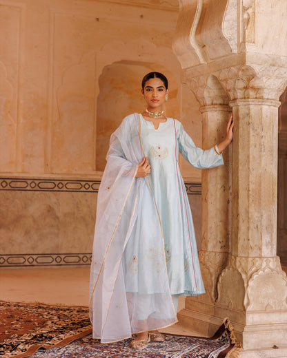 Pastel Blue Chanderi Kurta Set With Embroidered Dupatta