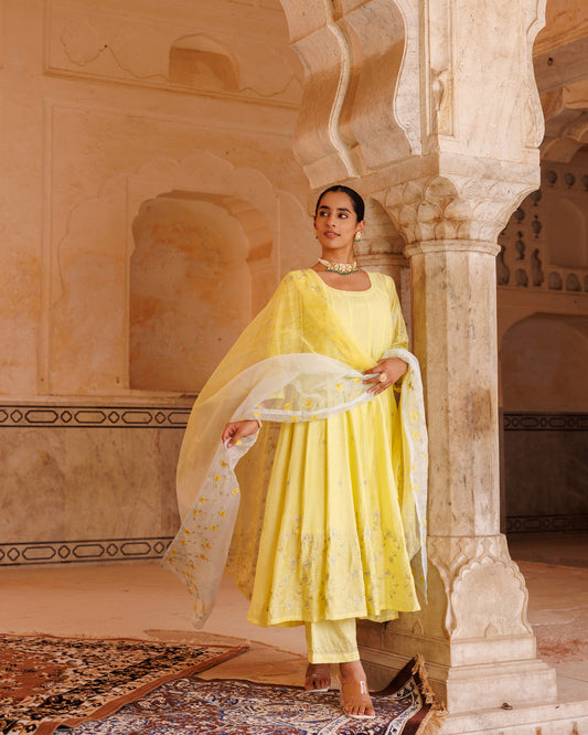 Pastel Yellow Chanderi Anarkali With Dual-Shaded Dupatta.