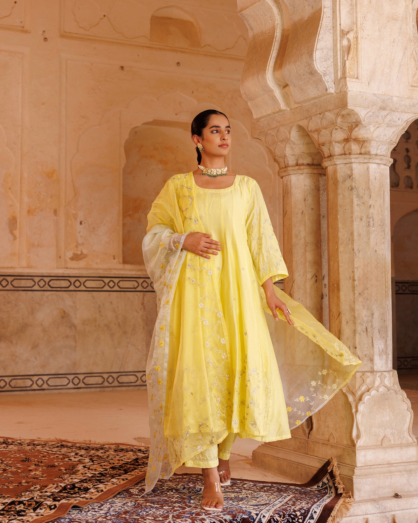 Pastel Yellow Chanderi Anarkali With Dual-Shaded Dupatta.