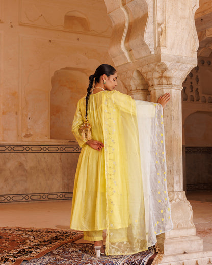 Pastel Yellow Chanderi Anarkali With Dual-Shaded Dupatta.