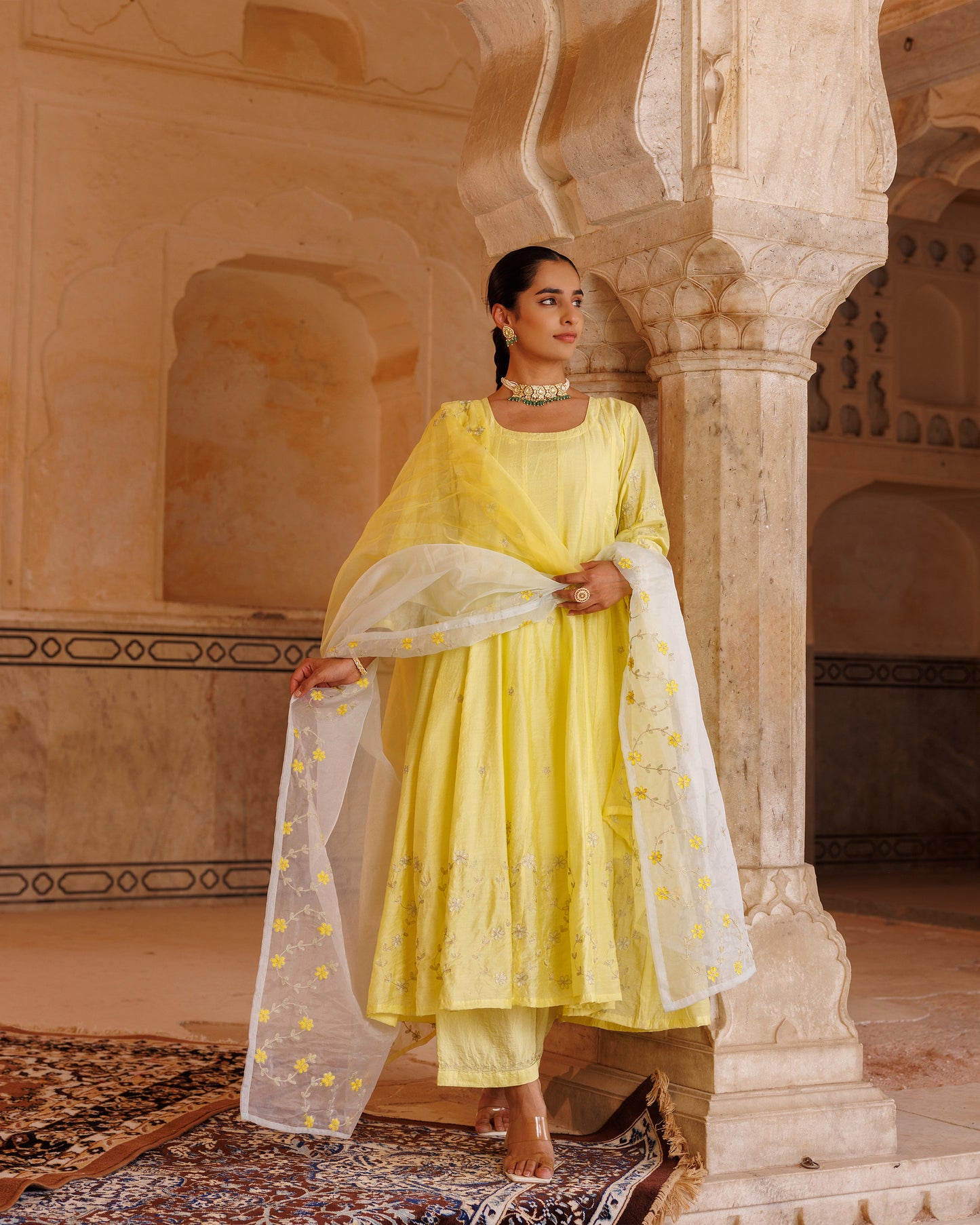 Pastel Yellow Chanderi Anarkali With Dual-Shaded Dupatta.