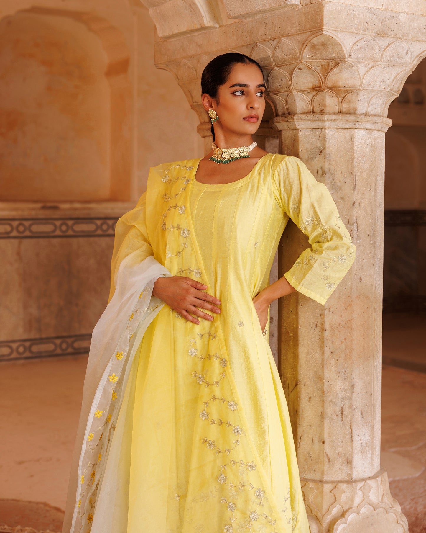 Pastel Yellow Chanderi Anarkali With Dual-Shaded Dupatta.