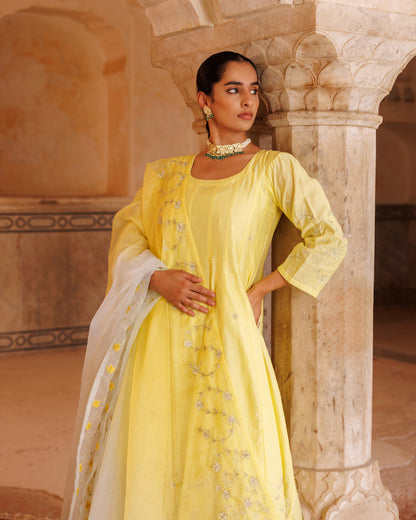 Pastel Yellow Chanderi Anarkali With Dual-Shaded Dupatta.