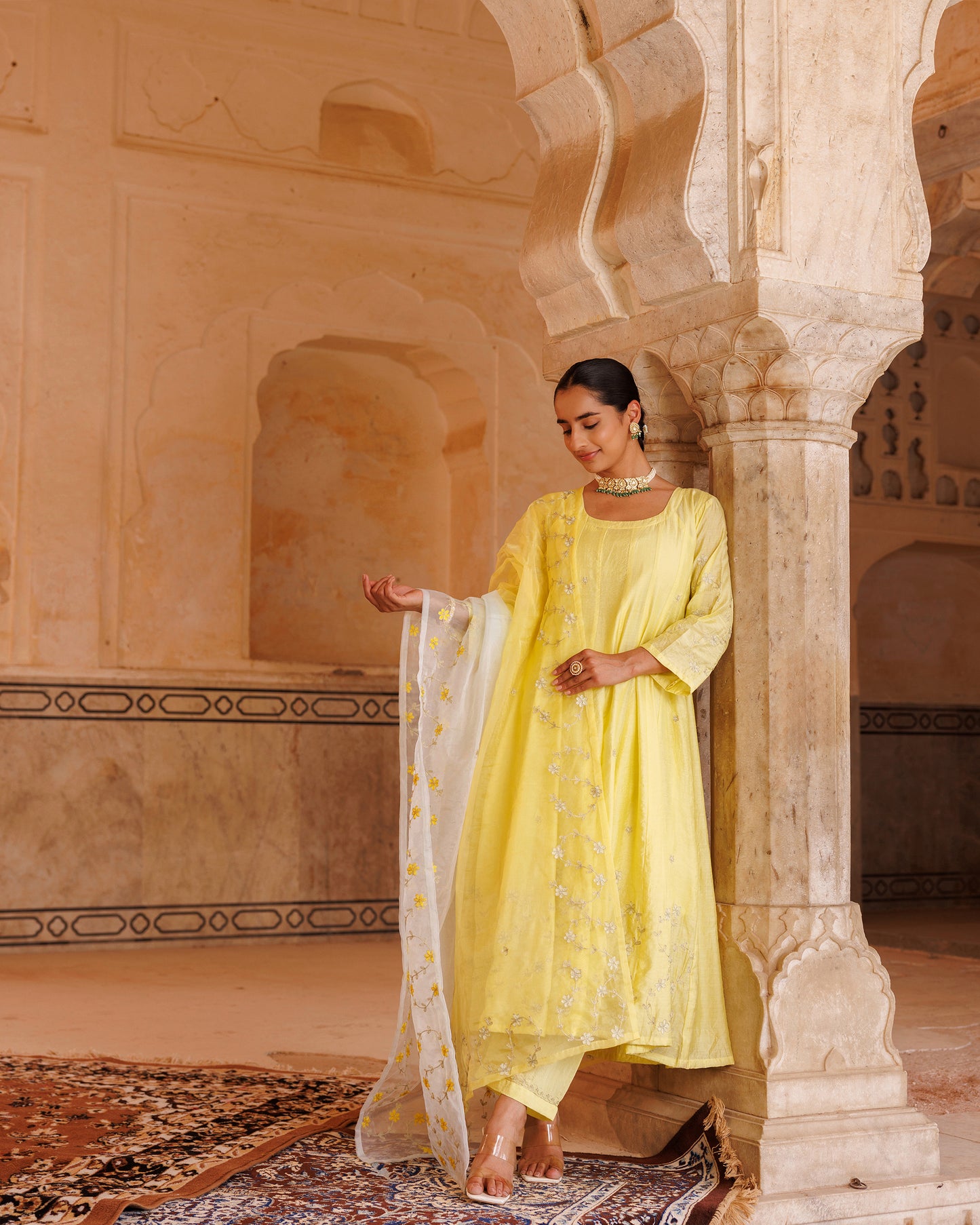 Pastel Yellow Chanderi Anarkali With Dual-Shaded Dupatta.