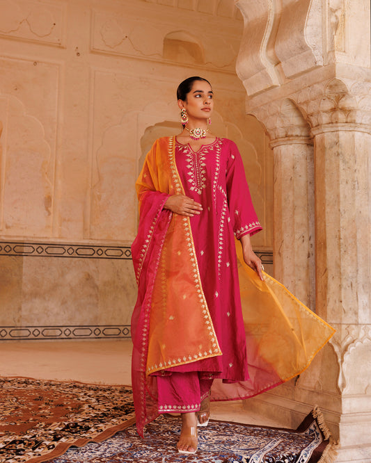 Magenta Chanderi Anarkali Set With Dual-Shaded Dupatta.