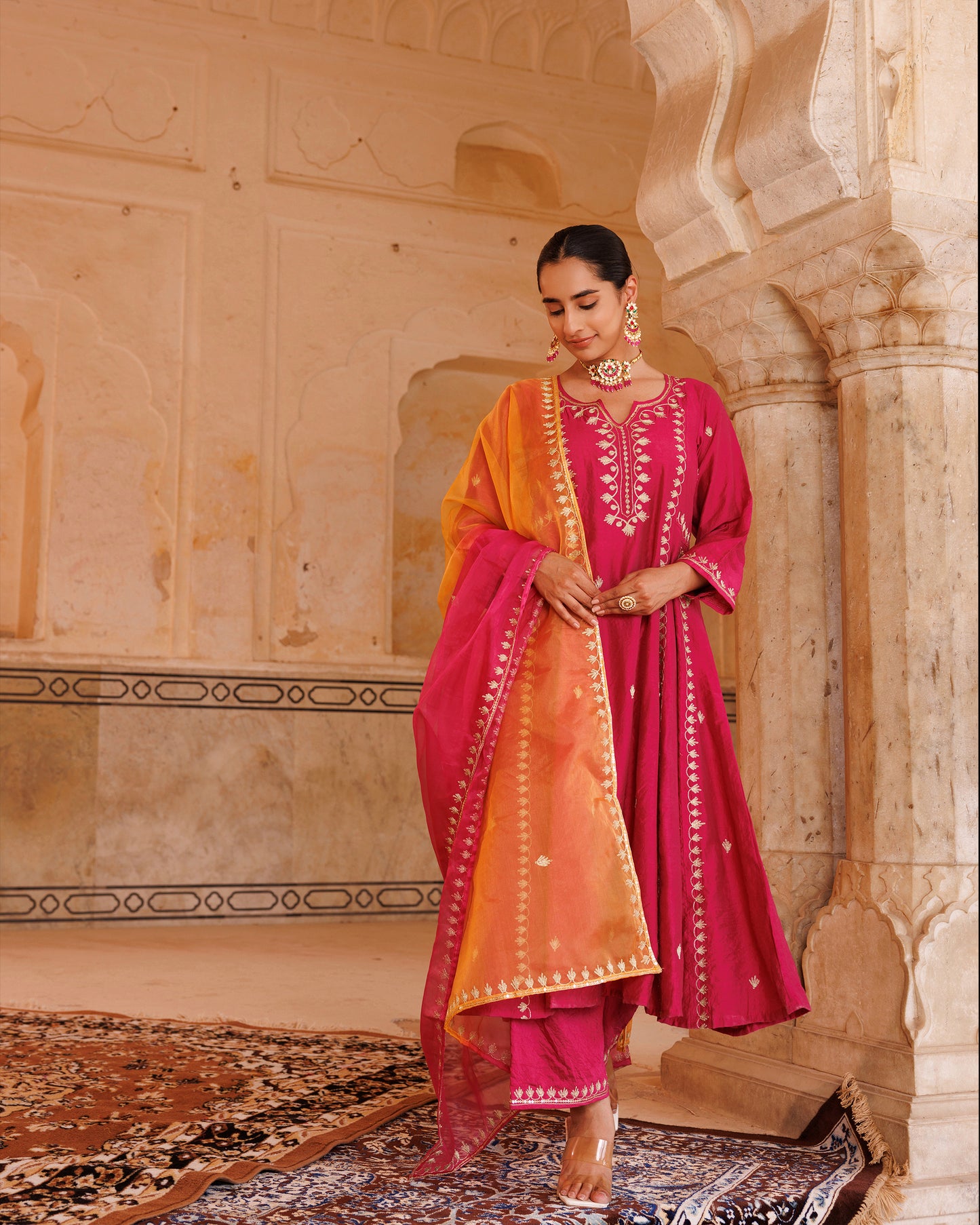 Magenta Chanderi Anarkali Set With Dual-Shaded Dupatta.