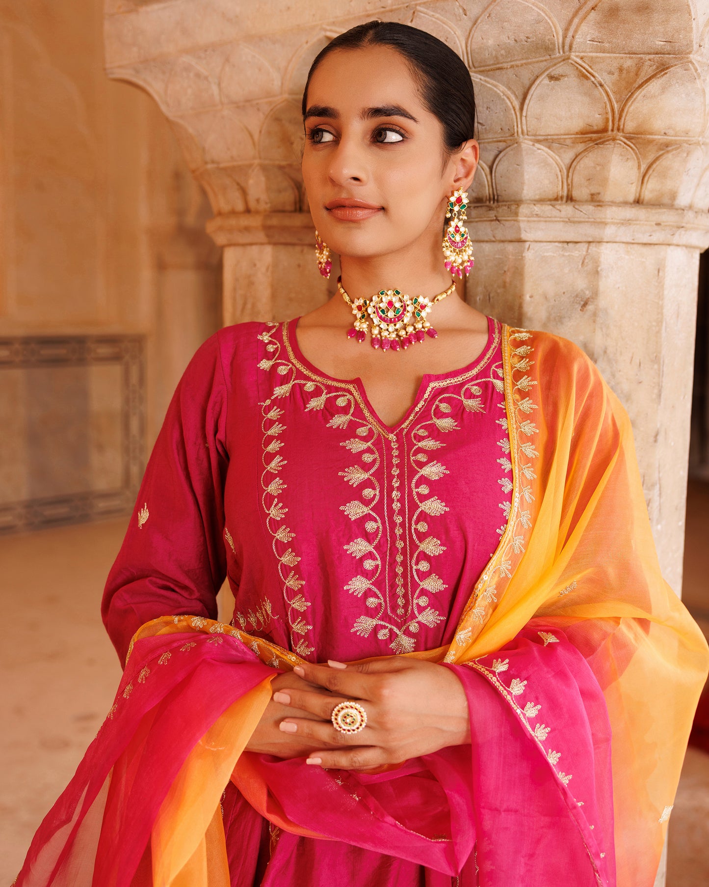 Magenta Chanderi Anarkali Set With Dual-Shaded Dupatta.