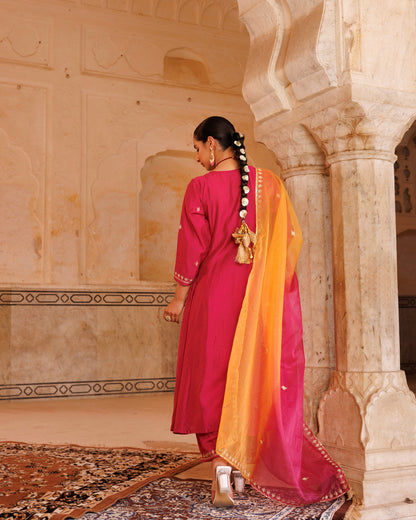 Magenta Chanderi Anarkali Set With Dual-Shaded Dupatta.