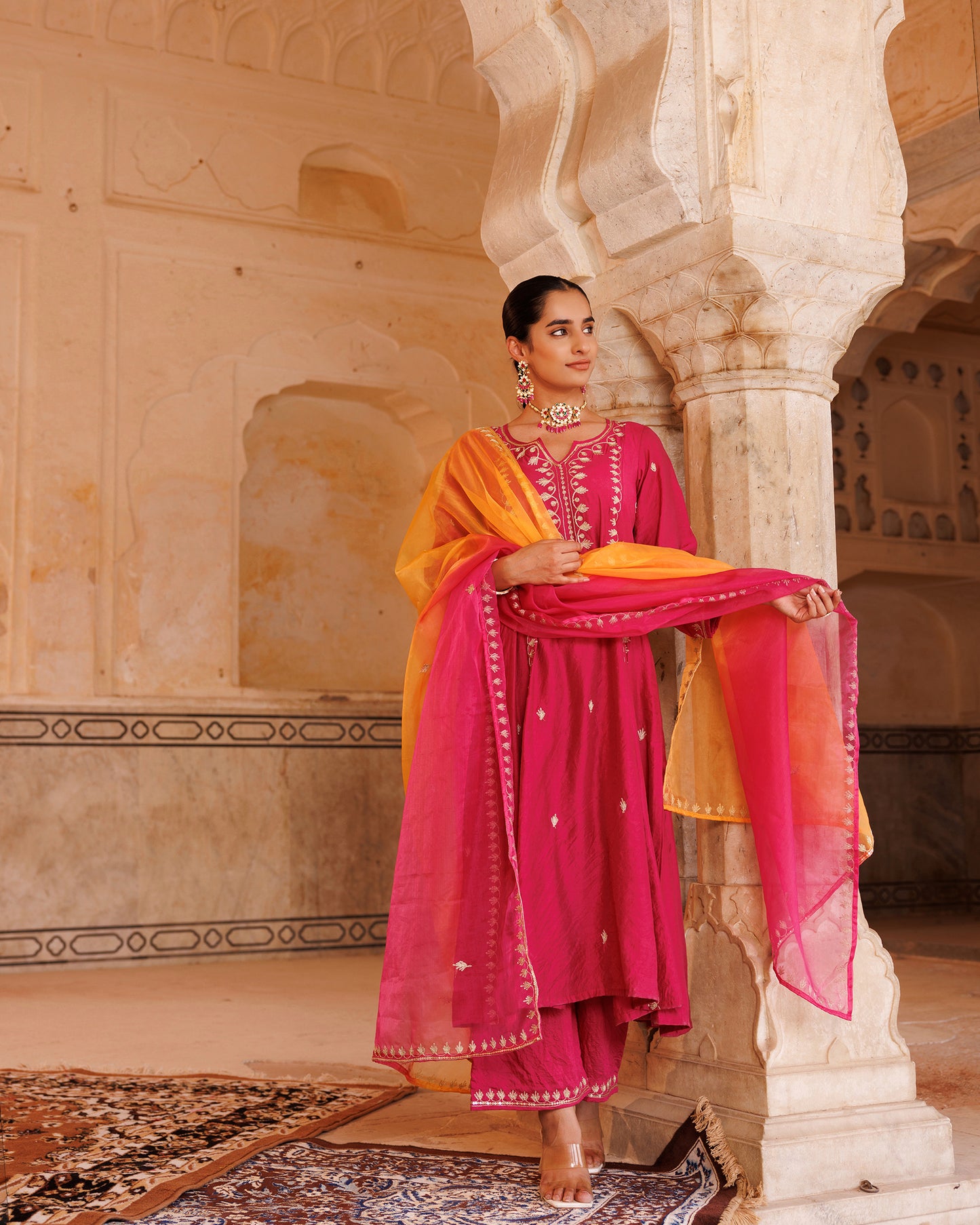 Magenta Chanderi Anarkali Set With Dual-Shaded Dupatta.