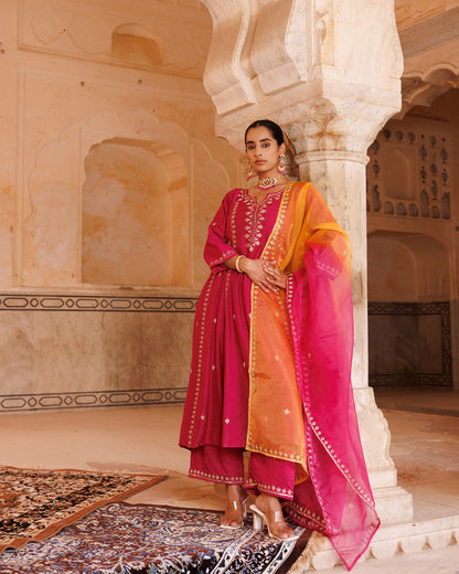 Magenta Chanderi Anarkali Set With Dual-Shaded Dupatta.