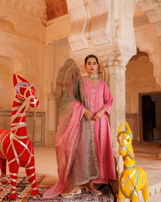 Onion Pink Cotton Anarkali Set With Dual-Shaded Dupatta