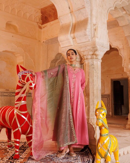 Onion Pink Cotton Anarkali Set With Dual-Shaded Dupatta
