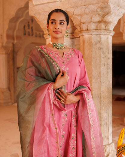 Onion Pink Cotton Anarkali Set With Dual-Shaded Dupatta