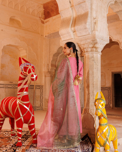 Onion Pink Cotton Anarkali Set With Dual-Shaded Dupatta