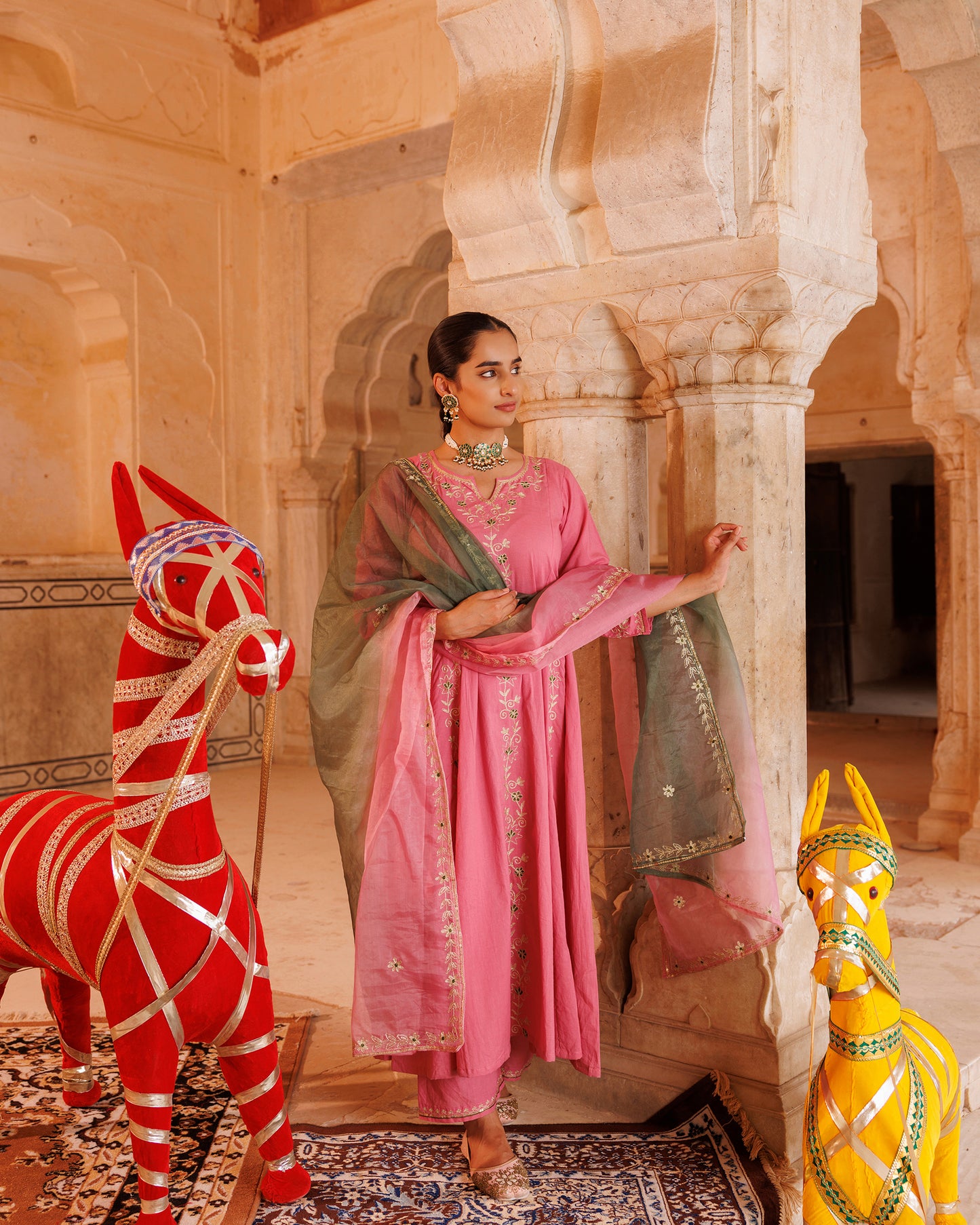 Onion Pink Cotton Anarkali Set With Dual-Shaded Dupatta