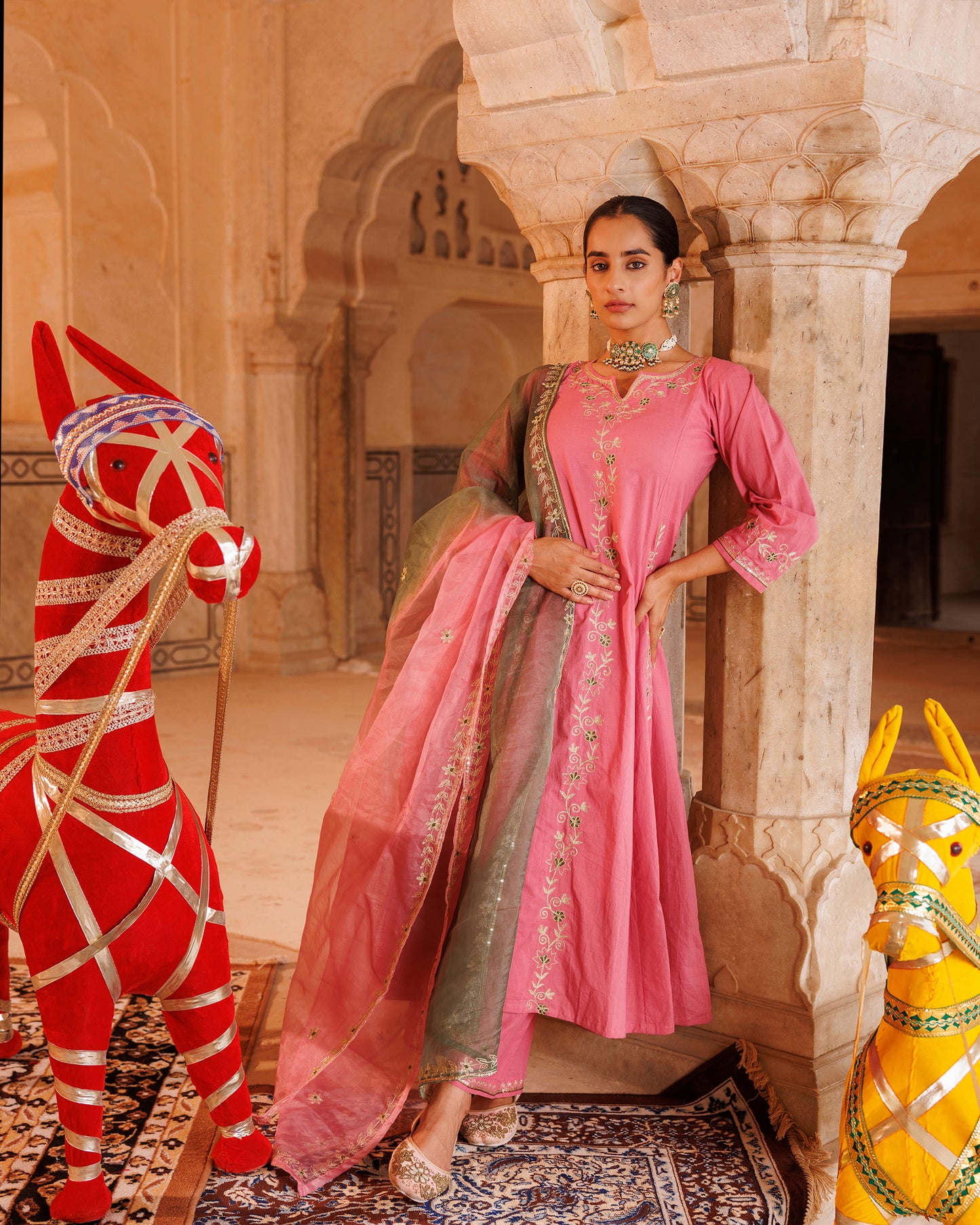 Onion Pink Cotton Anarkali Set With Dual-Shaded Dupatta