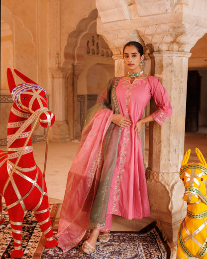 Onion Pink Cotton Anarkali Set With Dual-Shaded Dupatta